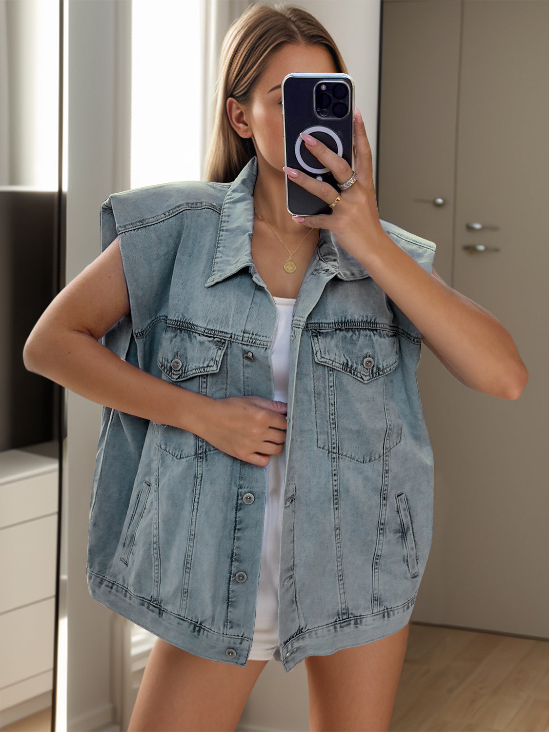 Pocketed Button Up Cap Sleeve Denim Jacket-TOPS / DRESSES-[Adult]-[Female]-Light-S-2022 Online Blue Zone Planet