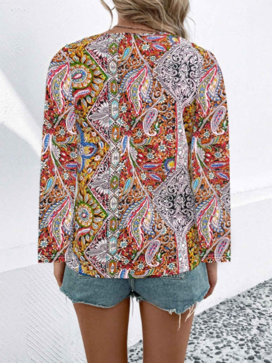 Printed V-Neck Long Sleeve Blouse-TOPS / DRESSES-[Adult]-[Female]-2022 Online Blue Zone Planet