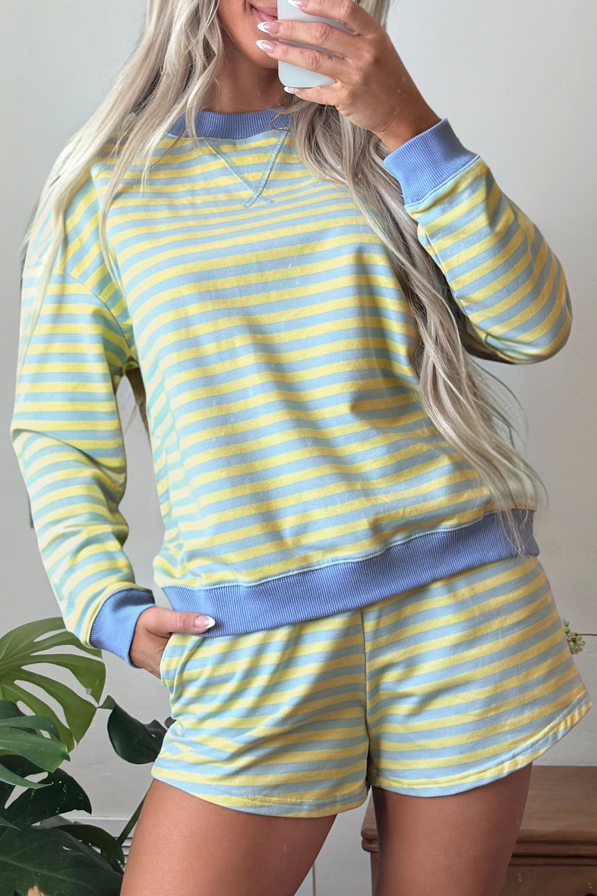 Yellow Stripe Color Block Detail Long Sleeve Pullover Elastic Waist Pull On Shorts 2pcs Set-Two Piece Sets/Short Sets-[Adult]-[Female]-2022 Online Blue Zone Planet
