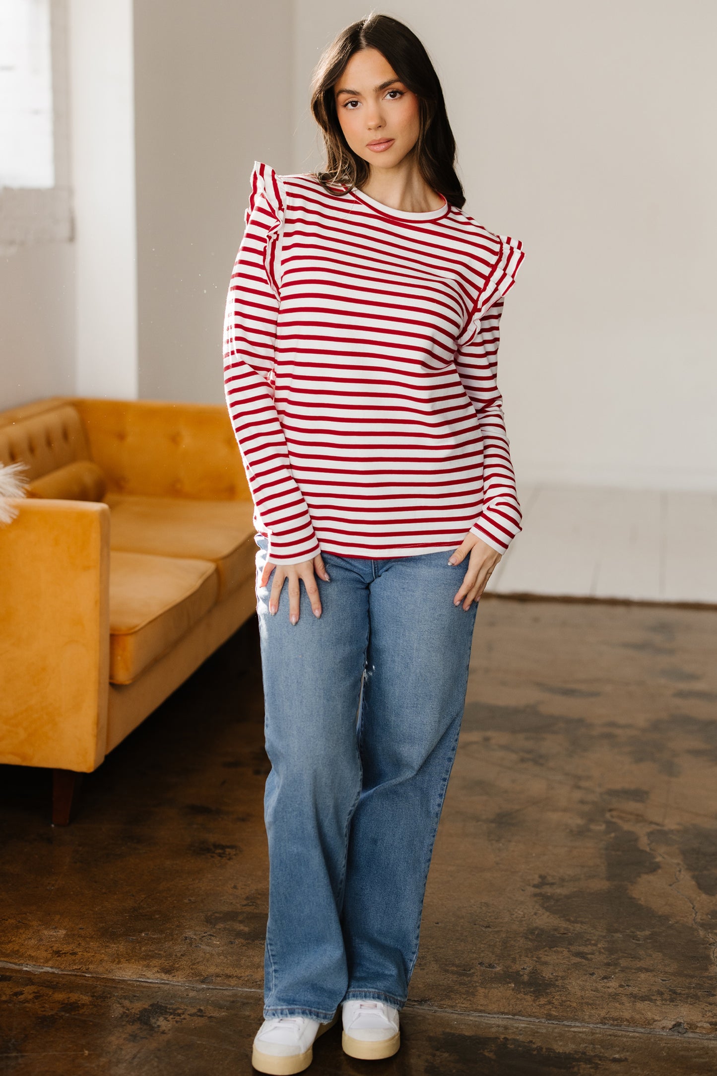 Red Stripe Round Neck Ruffle Trim Long Sleeve Top-Tops/Long Sleeve Tops-[Adult]-[Female]-2022 Online Blue Zone Planet