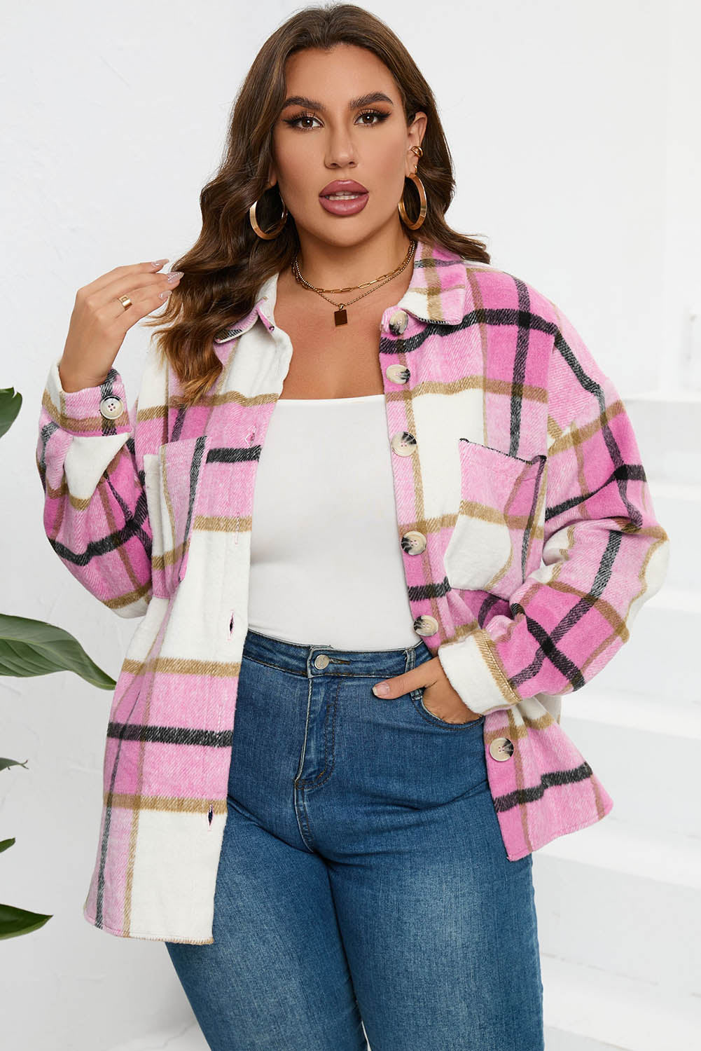 Pink Plaid Color Block Buttoned Long Sleeve Jacket with Pocket-Outerwear/Plaid Shackets-[Adult]-[Female]-2022 Online Blue Zone Planet