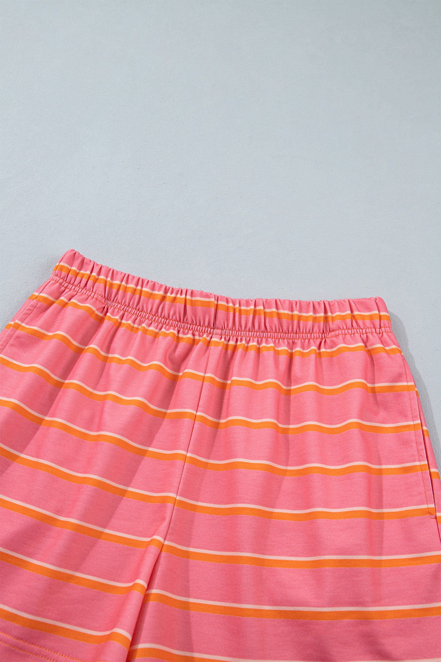 Rose Stripe Color Block Trim Long Sleeve Pullover Pocketed Shorts 2pcs Set-Two Piece Sets/Short Sets-[Adult]-[Female]-2022 Online Blue Zone Planet