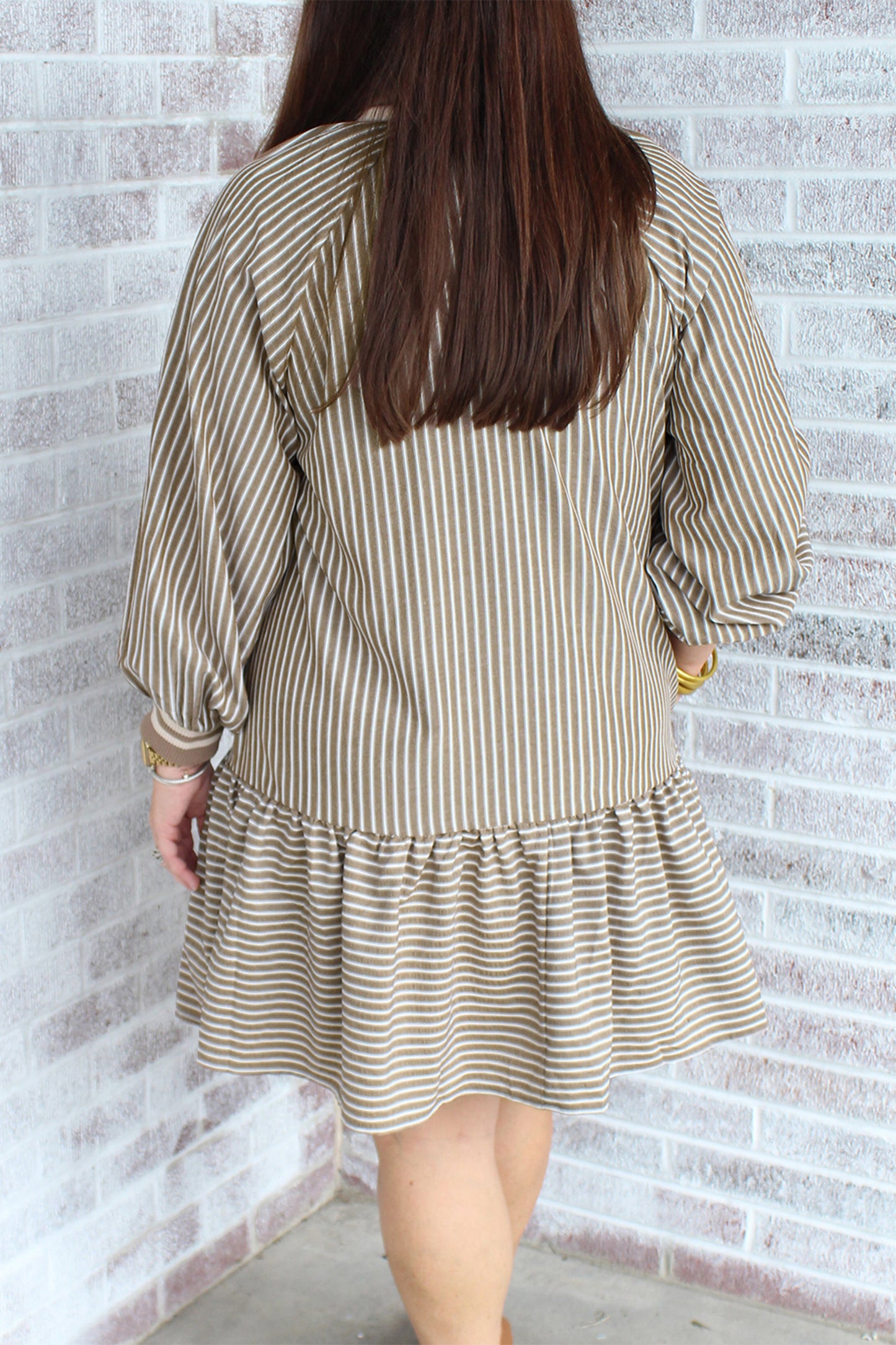 Khaki Stripe Zip up Collared Puff Sleeve Ruffled Plus Size Mini Dress
