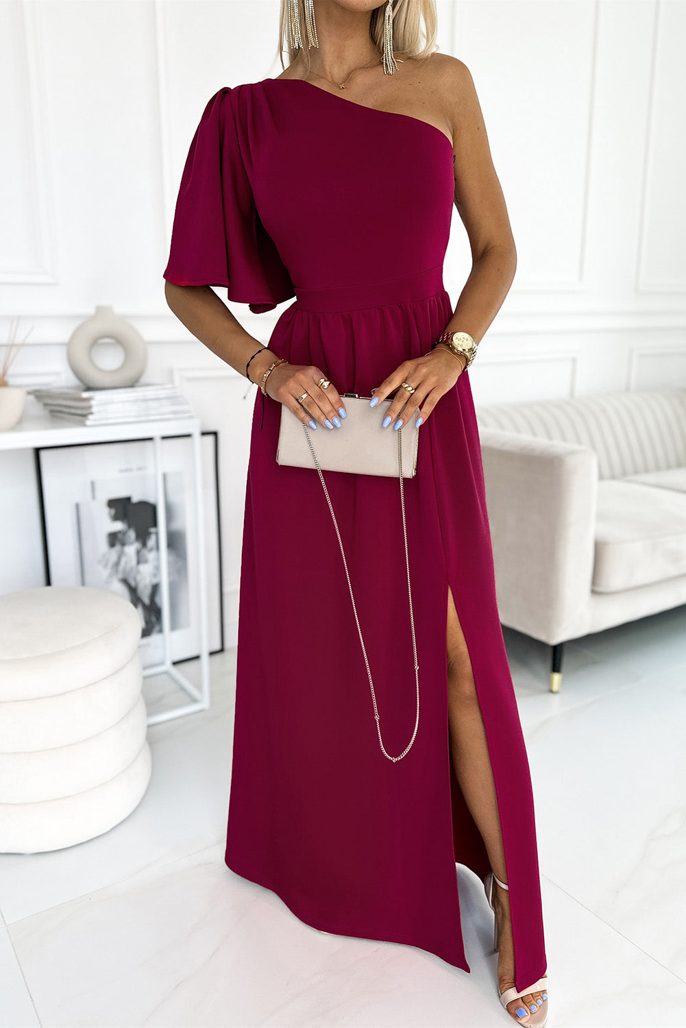 Blue Zone Planet |  Rose One Shoulder Ruffle Sleeve Maxi Dress with Slit Blue Zone Planet
