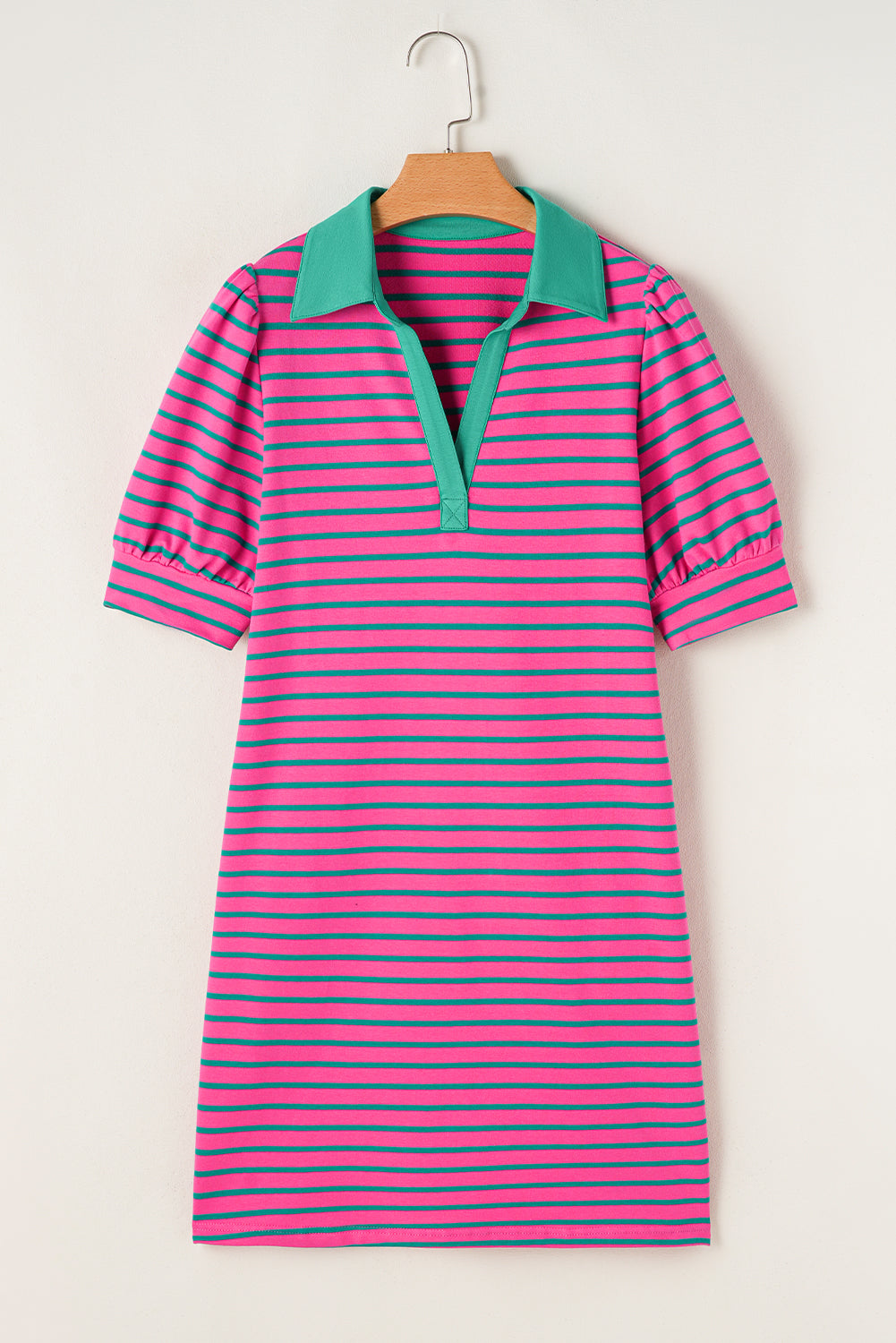 Pink Stripe Collared V Neck Puff Sleeve T Shirt Dress-Dresses/T Shirt Dresses-[Adult]-[Female]-2022 Online Blue Zone Planet