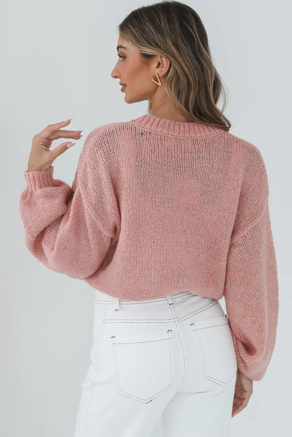 Peach Blossom Big Flower Accent Bubble Sleeve Drop Shoulder Sweater-Sweaters & Cardigans/Sweaters-[Adult]-[Female]-2022 Online Blue Zone Planet