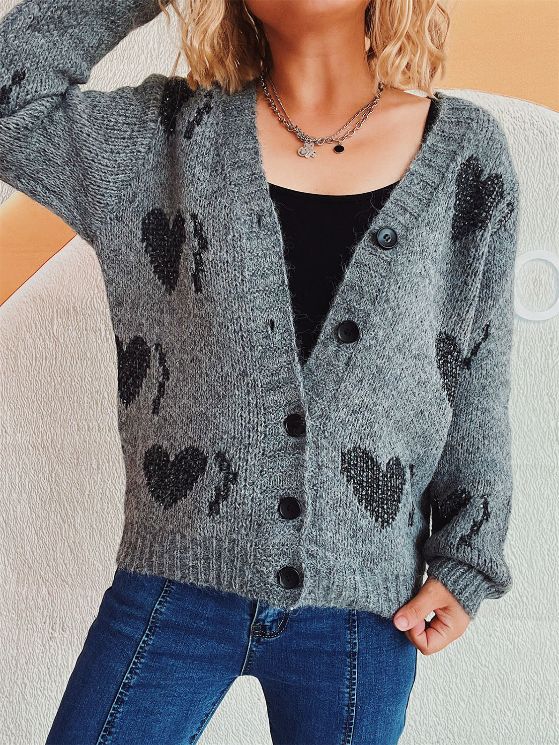 Heart Button Up Long Sleeve Cardigan-TOPS / DRESSES-[Adult]-[Female]-2022 Online Blue Zone Planet