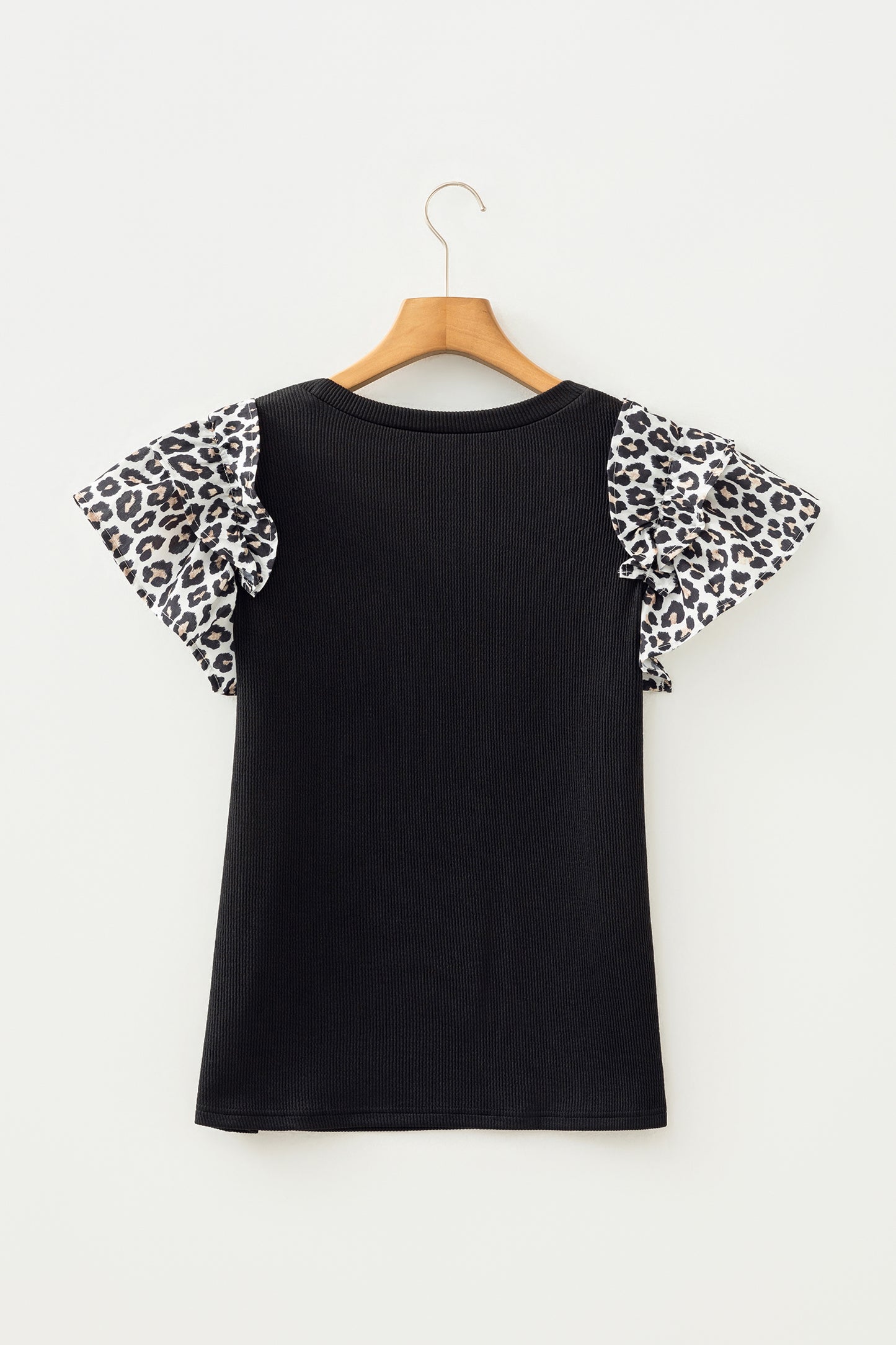 Black Contrast Leopard Ruffled Short Sleeve Ribbed Knit Top-Tops/Blouses & Shirts-[Adult]-[Female]-2022 Online Blue Zone Planet