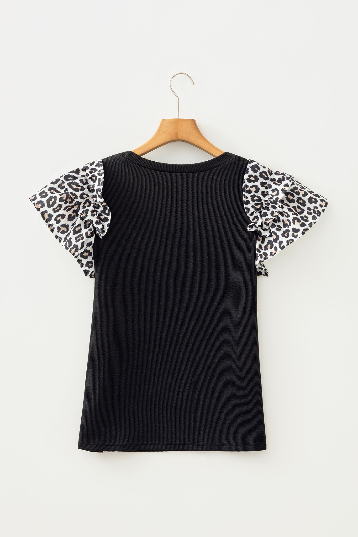 Black Contrast Leopard Ruffled Short Sleeve Ribbed Knit Top-Tops/Blouses & Shirts-[Adult]-[Female]-2022 Online Blue Zone Planet
