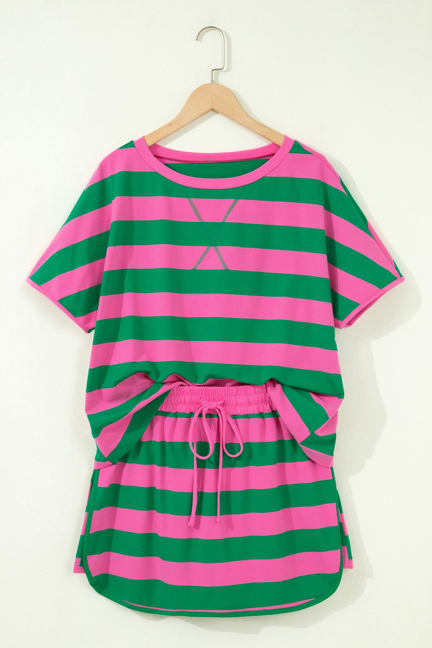 Yellow Stripe Dolman Tee Drawstring Skort Athletic 2pcs Set-Two Piece Sets/Short Sets-[Adult]-[Female]-2022 Online Blue Zone Planet