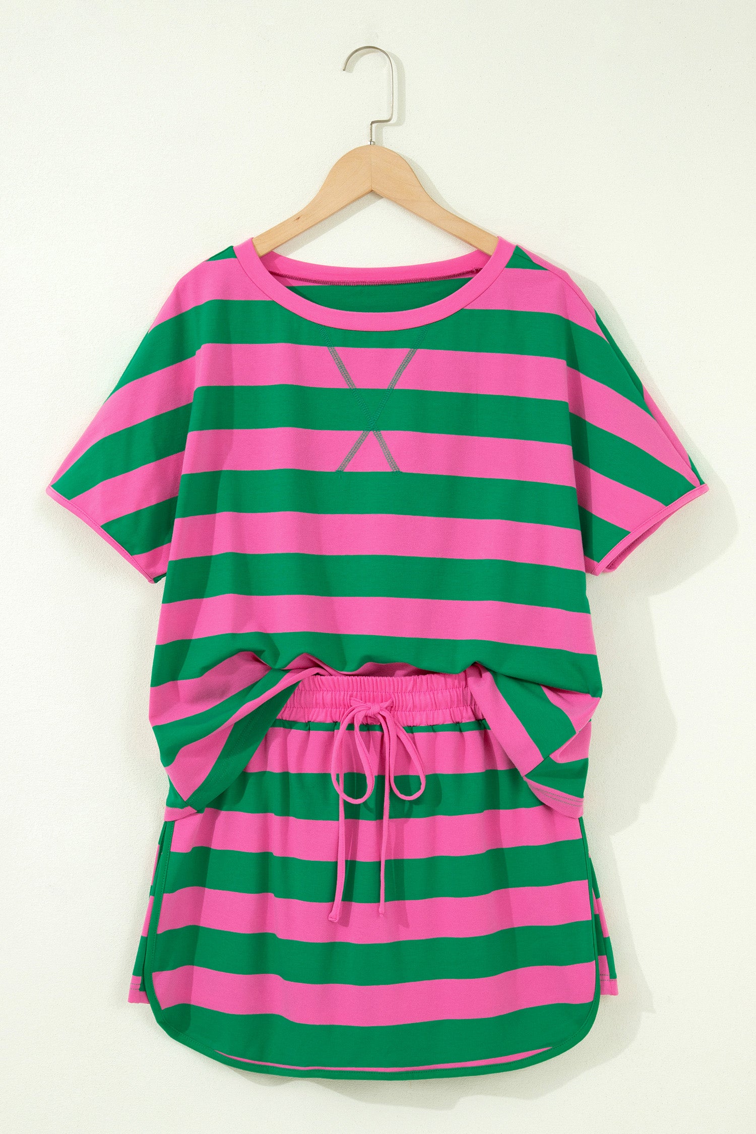 Yellow Stripe Dolman Tee Drawstring Skort Athletic 2pcs Set-Two Piece Sets/Short Sets-[Adult]-[Female]-2022 Online Blue Zone Planet