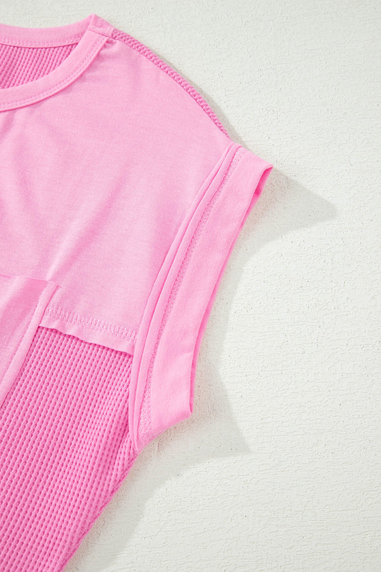 Pink Solid Color Raw Seam Waffled Patchwork Casual T Shirt-Tops/Tops & Tees-[Adult]-[Female]-2022 Online Blue Zone Planet