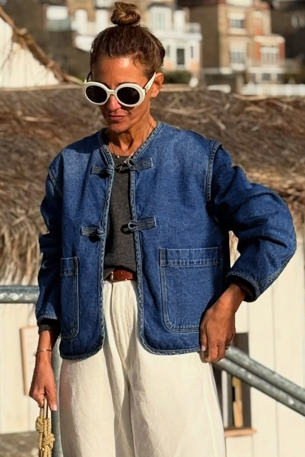 Sail Blue Vintage Fastening Big Patched Pockets Straight Cut Deep Wash Denim Jacket-Outerwear/Denim jackets-[Adult]-[Female]-2022 Online Blue Zone Planet