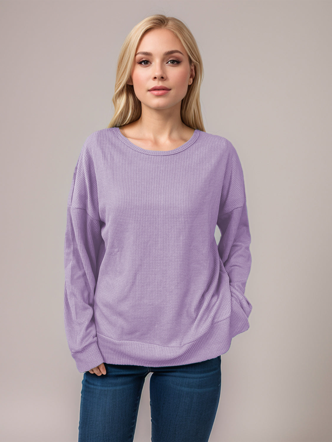 Blue Zone Planet | Side Slit Round Neck Long Sleeve T-Shirt-TOPS / DRESSES-[Adult]-[Female]-Lavender-S-2022 Online Blue Zone Planet