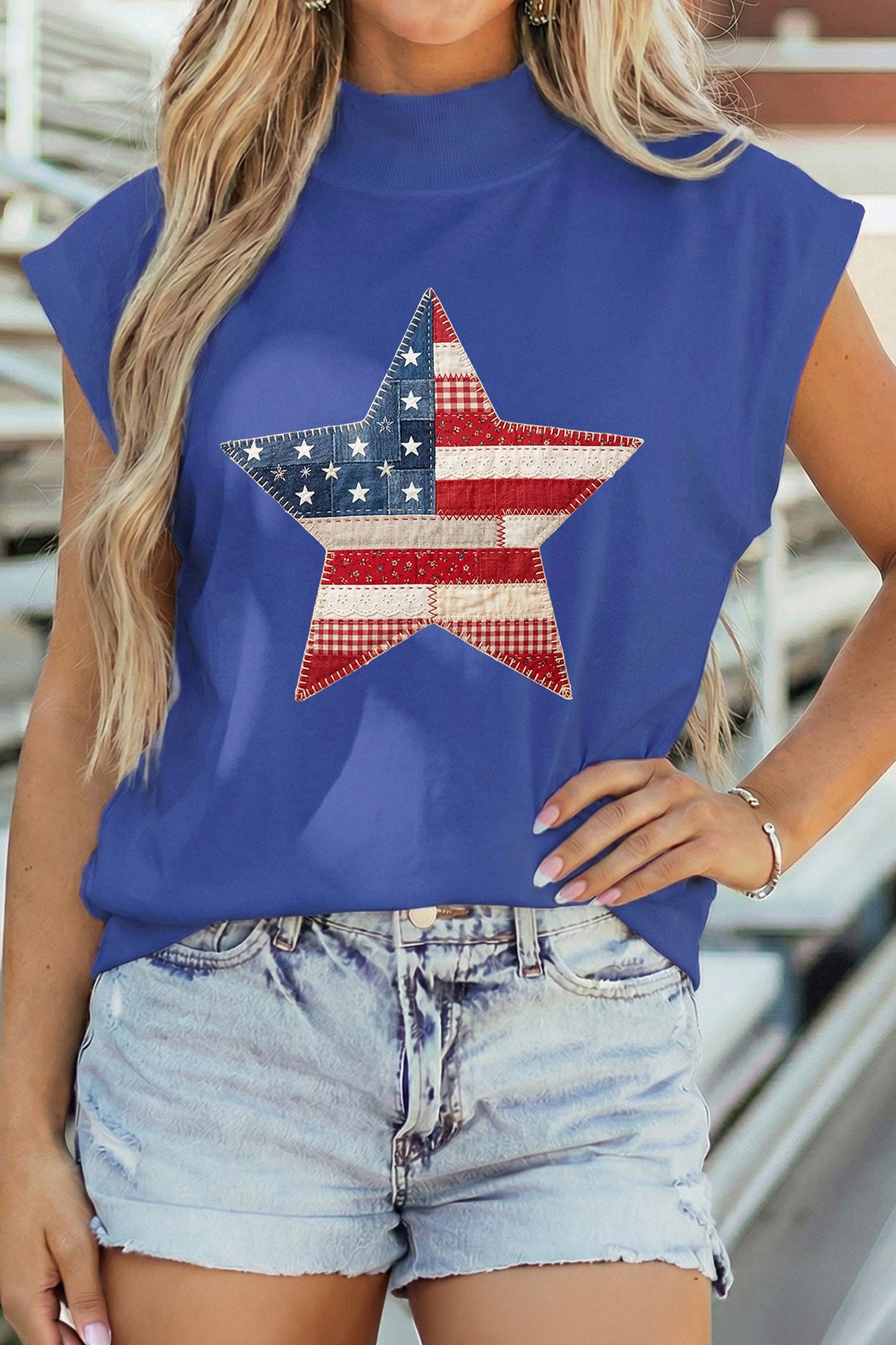 Sky Blue Faux Patchwork Patriotic Star Printed High Neck Top-Graphic/Graphic Tees-[Adult]-[Female]-2022 Online Blue Zone Planet