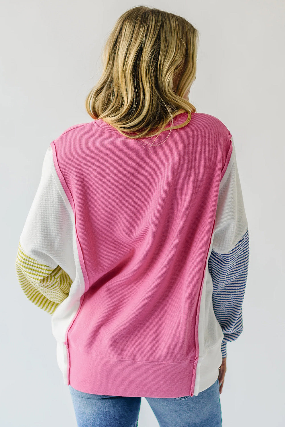 Sachet Pink Exposed Seam Striped Color Block Patchwork Long Sleeve Top-Tops/Long Sleeve Tops-[Adult]-[Female]-2022 Online Blue Zone Planet