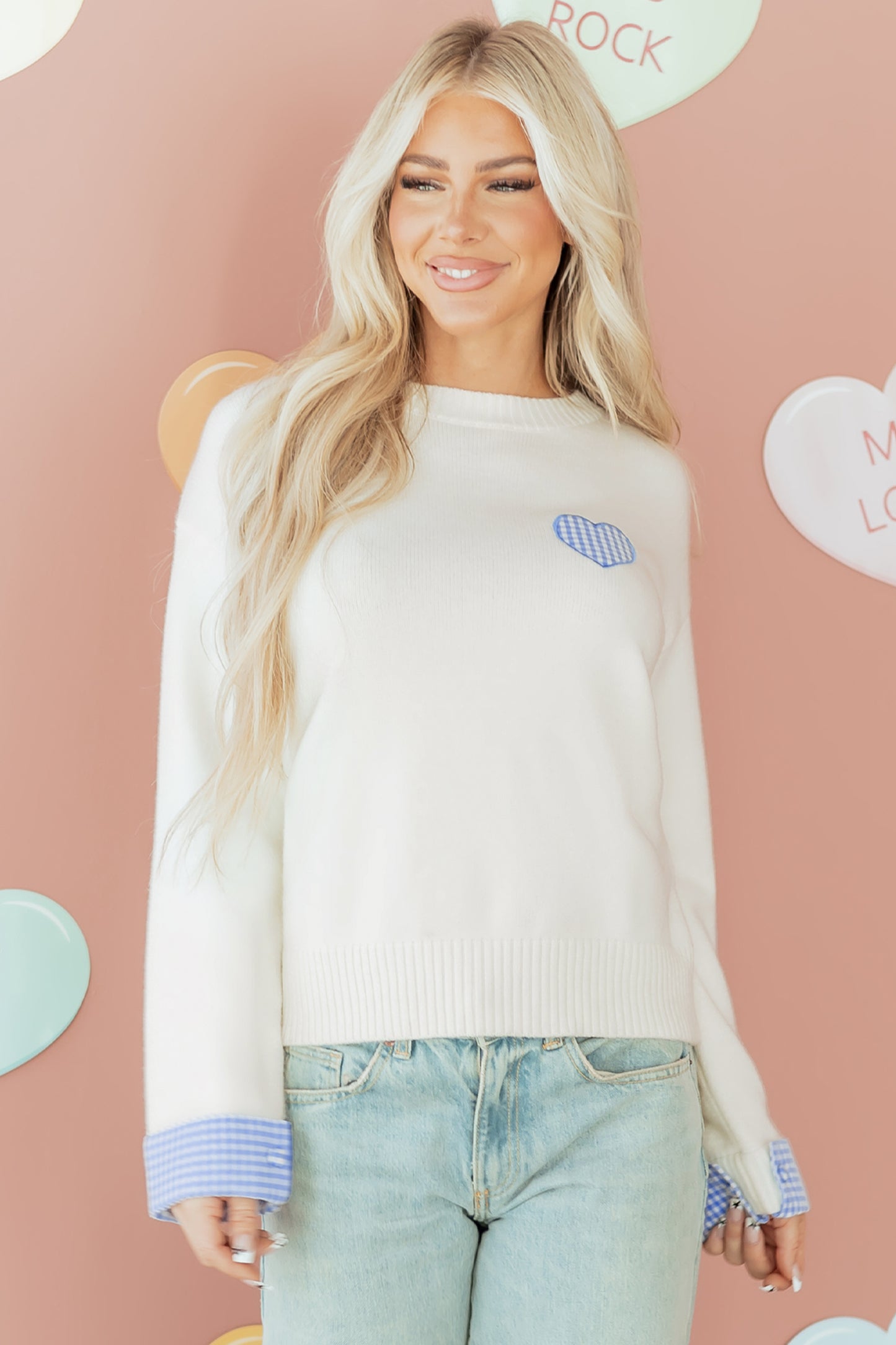 White Plaid Heart Embroidered Cuffed Drop Shoulder Crew Neck Sweater-TOPS / DRESSES-[Adult]-[Female]-2022 Online Blue Zone Planet