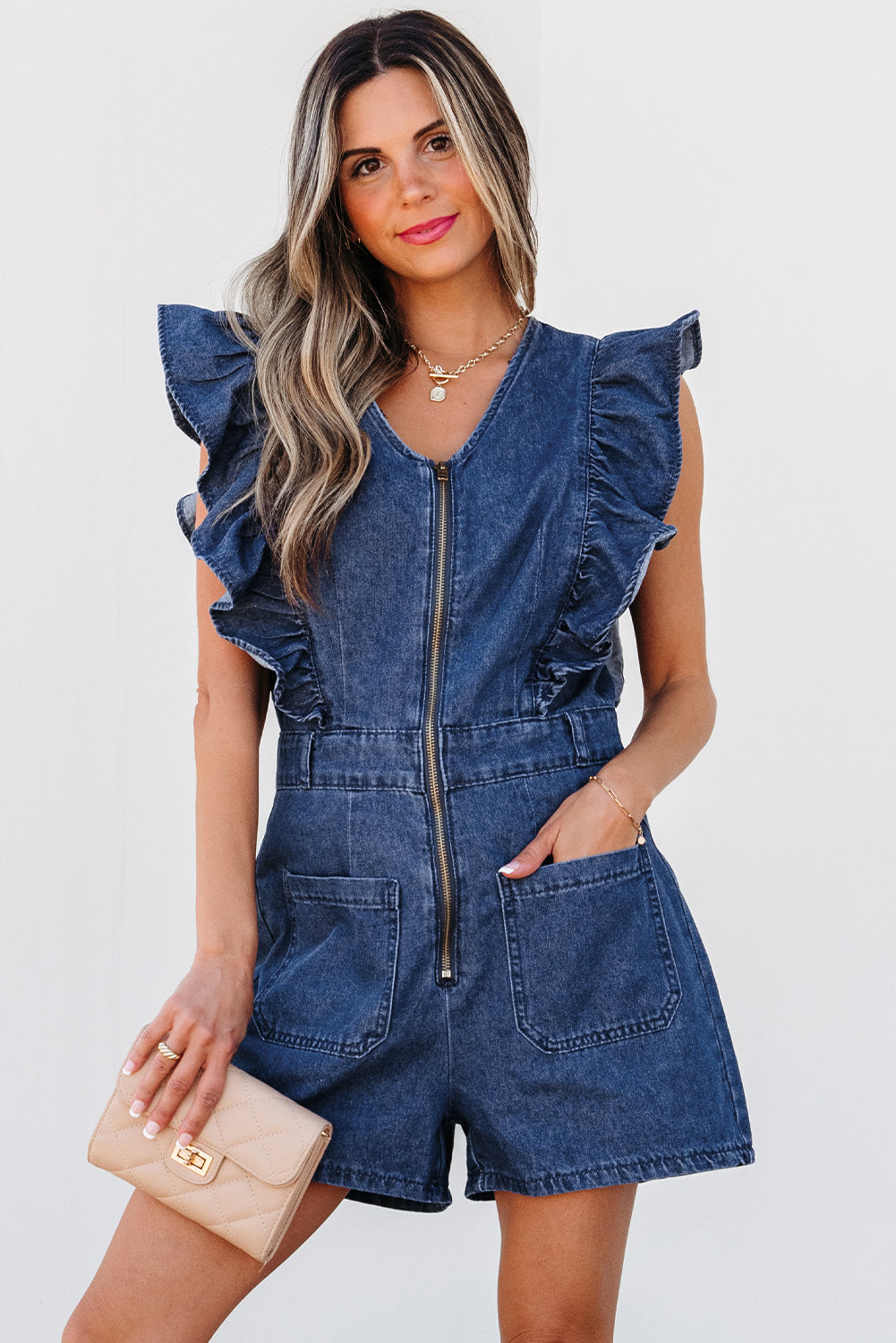 Blue Zone Planet | Sail Blue Denim Ruffled Zipped Front Belted Romper-Bottoms/Jumpsuits & Rompers-[Adult]-[Female]-2022 Online Blue Zone Planet