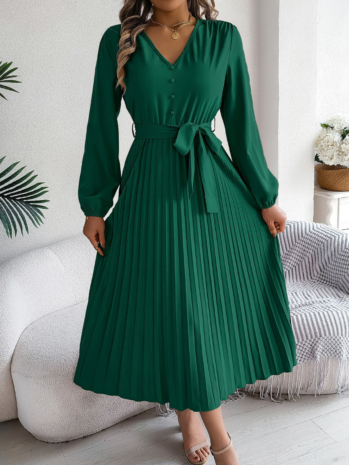 Pleated Tied V-Neck Long Sleeve Dress-TOPS / DRESSES-[Adult]-[Female]-Dark Green-S-2022 Online Blue Zone Planet