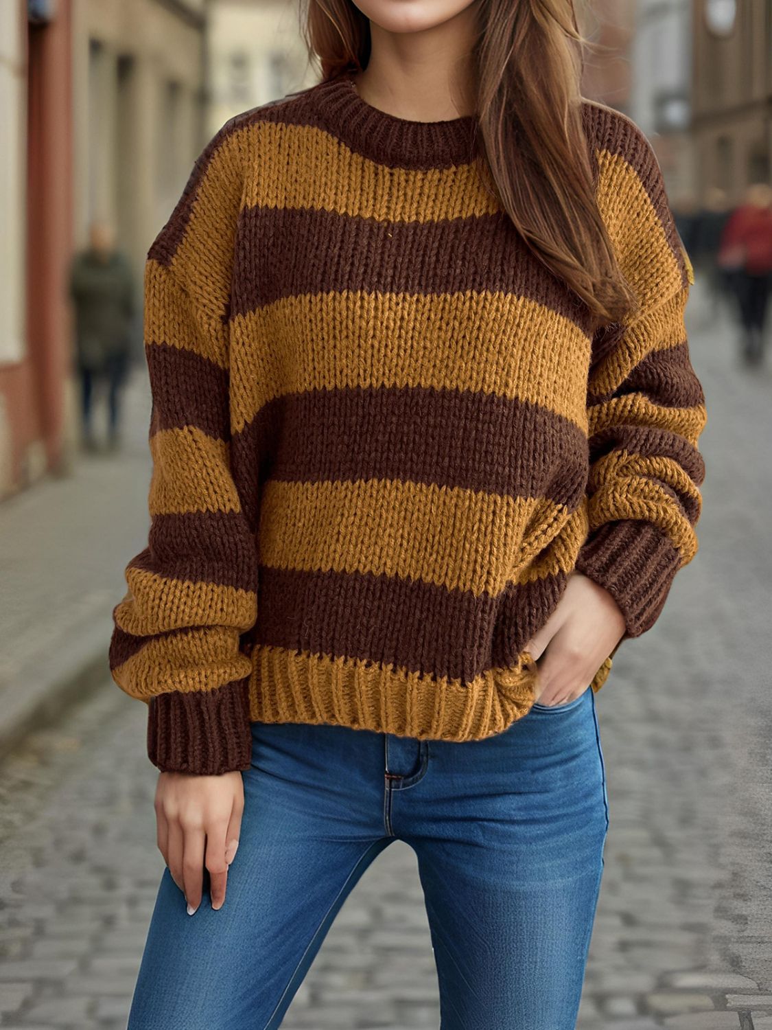 Contrast Striped Round Neck Long Sleeve Sweater-TOPS / DRESSES-[Adult]-[Female]-Brown-One Size-2022 Online Blue Zone Planet