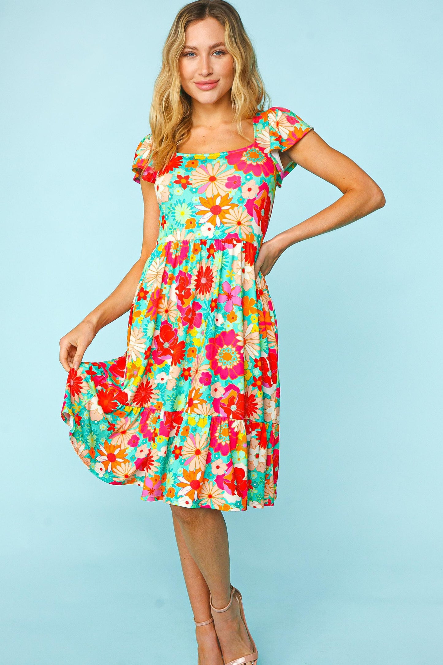 Haptics Floral Square Neck Short Sleeve Dress-TOPS / DRESSES-[Adult]-[Female]-2022 Online Blue Zone Planet