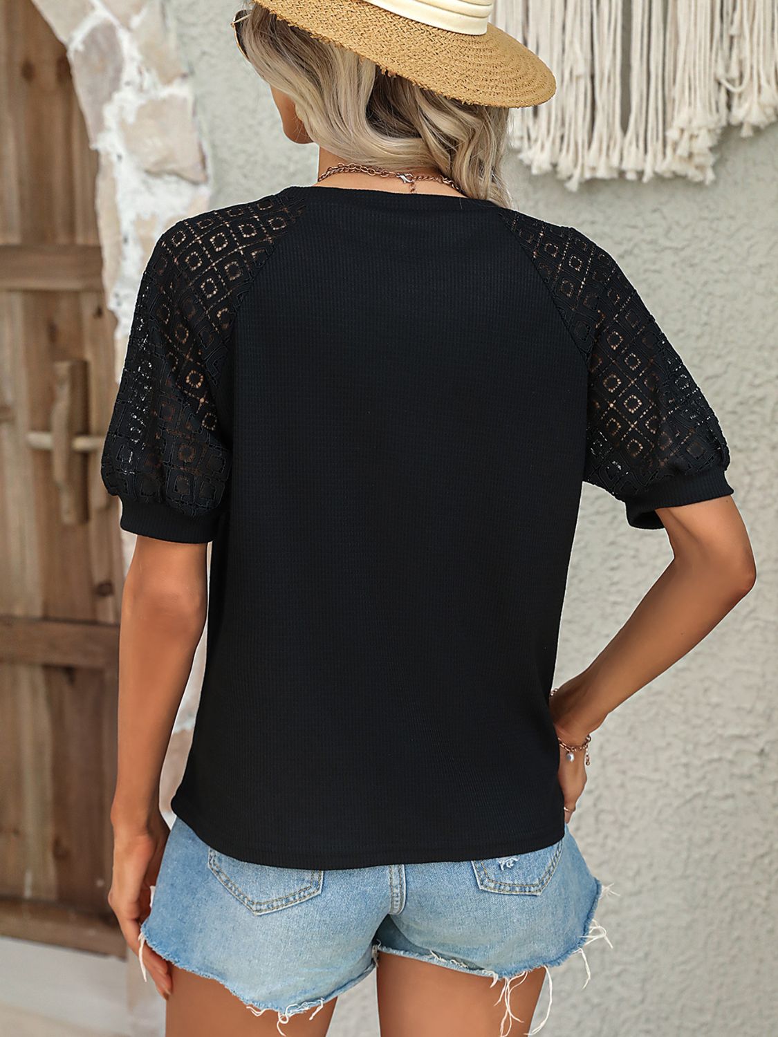 Round Neck Lace Patchwork Half Sleeve T-Shirt-TOPS / DRESSES-[Adult]-[Female]-2022 Online Blue Zone Planet