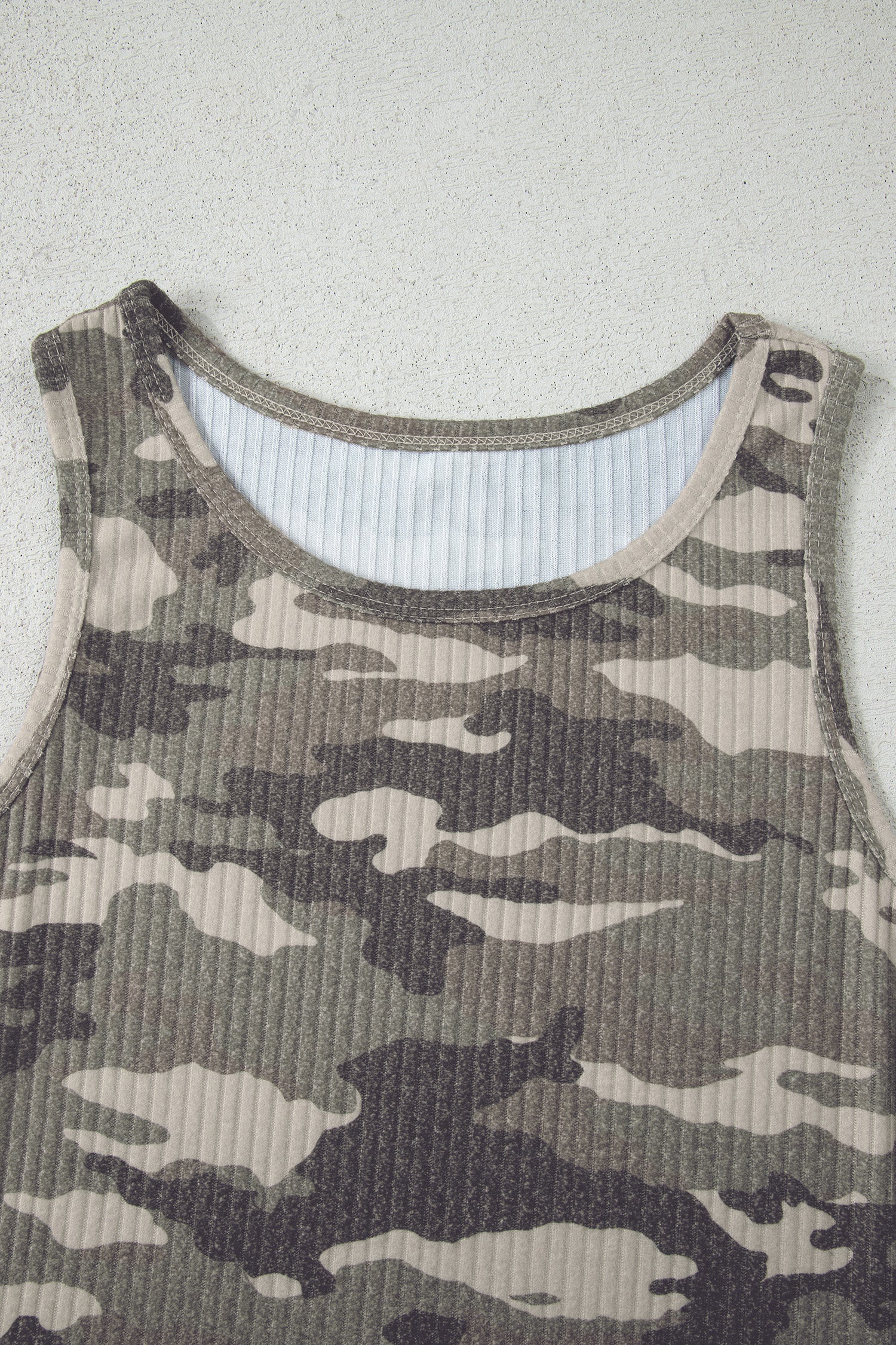 Green Camouflage Print Ribbed Knit Round Neck Tank Top-Tops/Tank Tops-[Adult]-[Female]-2022 Online Blue Zone Planet