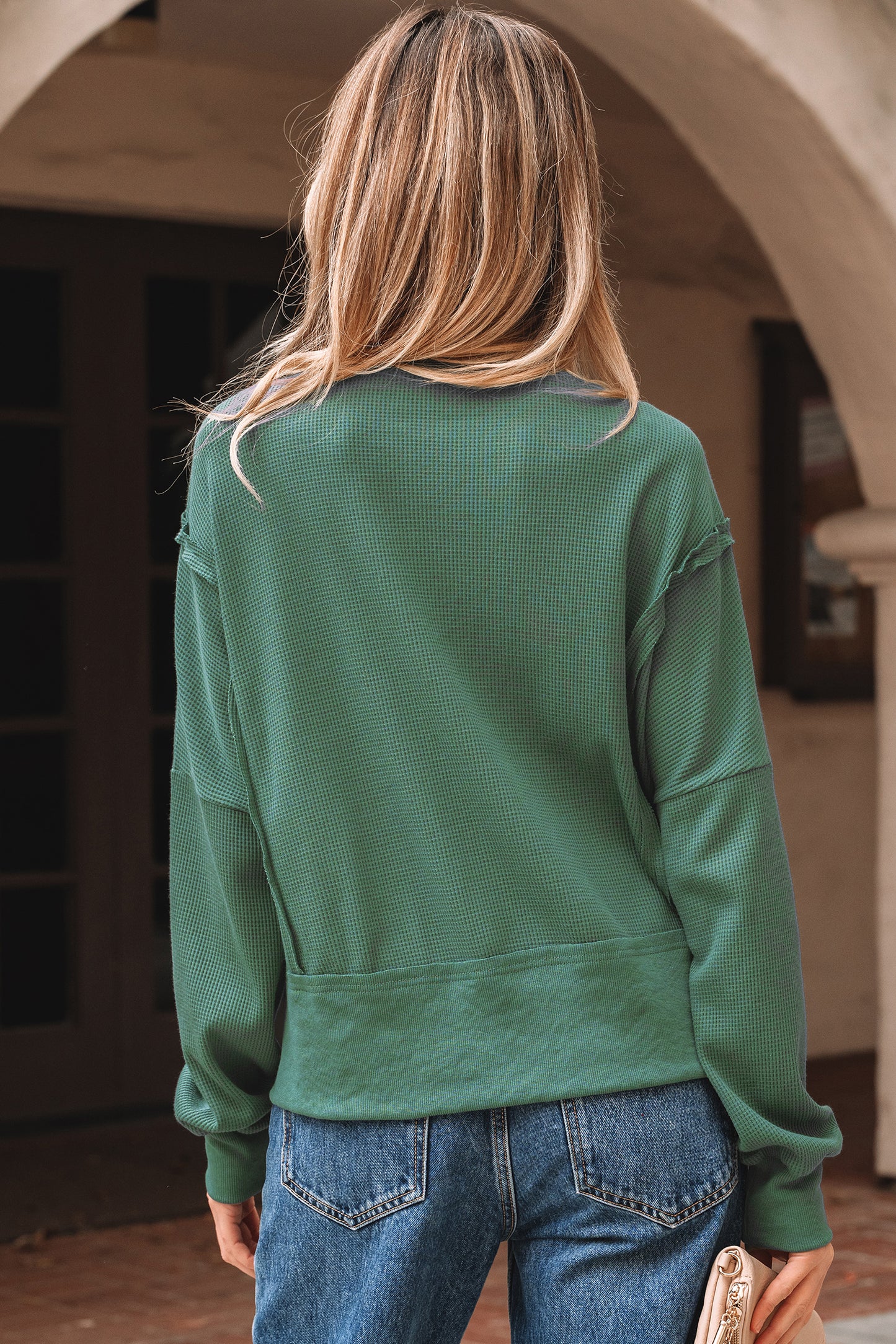 Evergreen Solid Color Raw Seam Patchwork Ribbed Drop Shoulder Sweatshirt-Tops/Sweatshirts & Hoodies-[Adult]-[Female]-2022 Online Blue Zone Planet