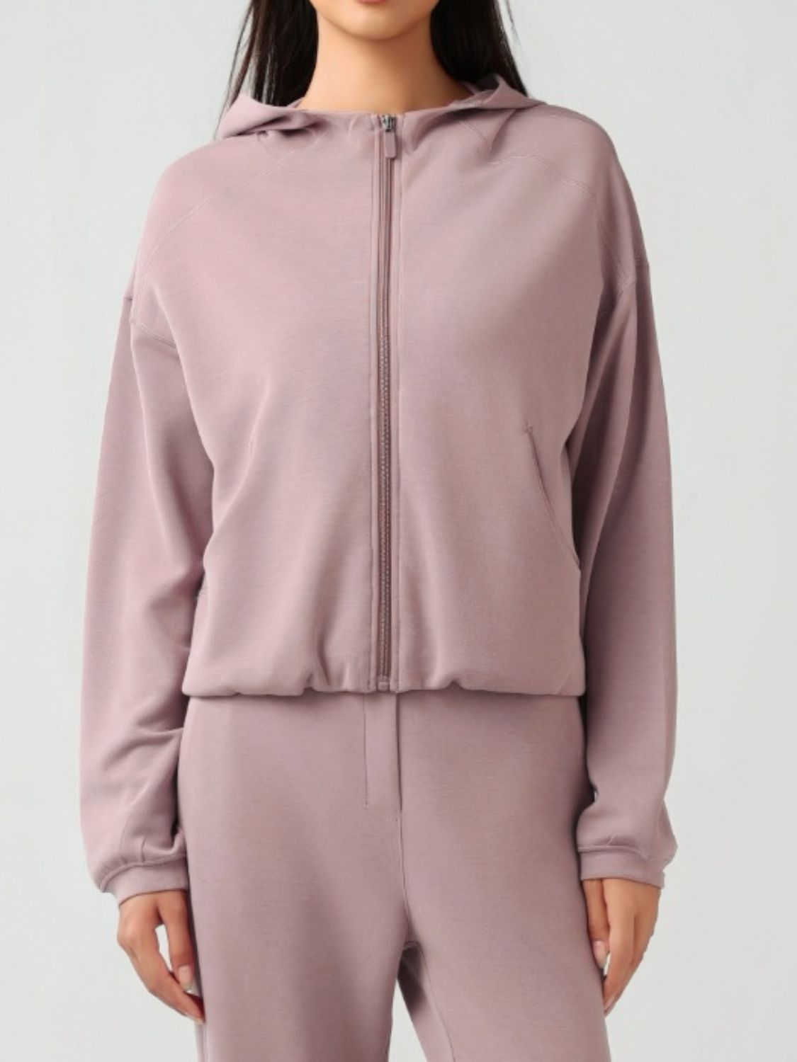 Zip Up Dropped Shouder Active Hooded-TOPS / DRESSES-[Adult]-[Female]-Dusty Pink-4-2022 Online Blue Zone Planet