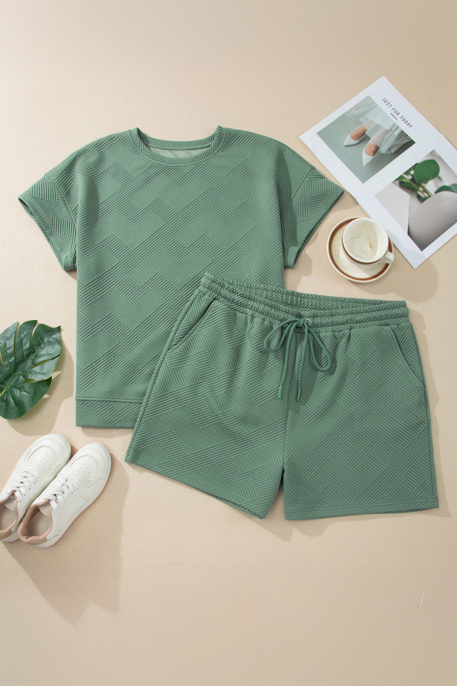 Mineral Blue Plus Size Textured Short Sleeve Top Drawstring Shorts Set-Plus Size/Plus Size Loungewear-[Adult]-[Female]-2022 Online Blue Zone Planet