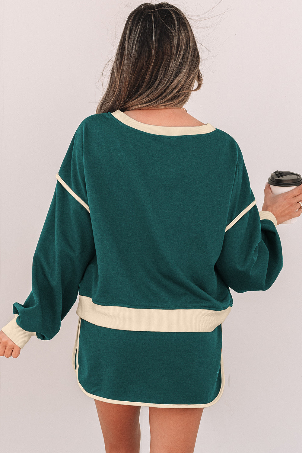 Blue Zone Planet | Rose Red Color Contrast Loose Pullover And Lace-Up Waist Skort Set-Two Piece Sets/Two Piece Dresses-[Adult]-[Female]-2022 Online Blue Zone Planet