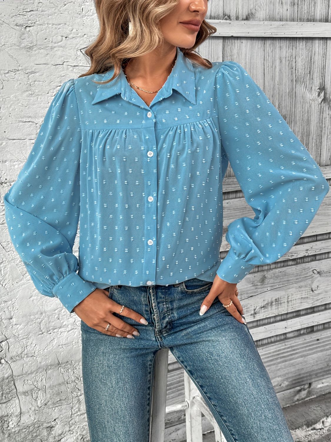 Full Size Swiss Dot Collared Neck Long Sleeve Shirt-TOPS / DRESSES-[Adult]-[Female]-2022 Online Blue Zone Planet