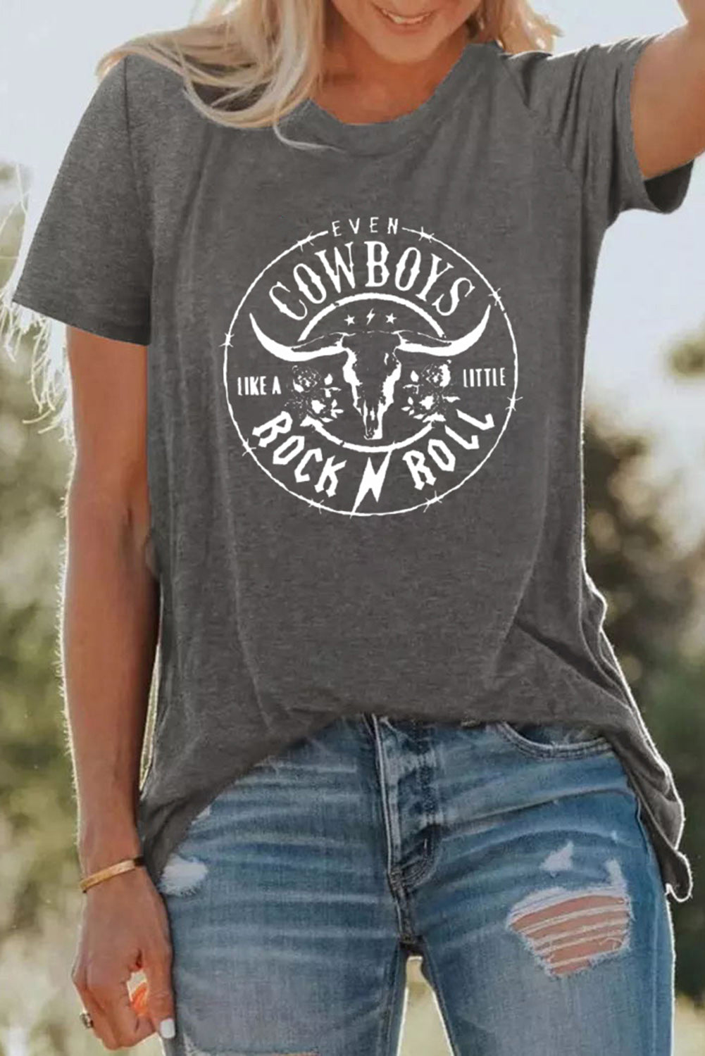 Gray Western Letter Steer Head Graphic Tee-Graphic/Graphic Tees-[Adult]-[Female]-2022 Online Blue Zone Planet