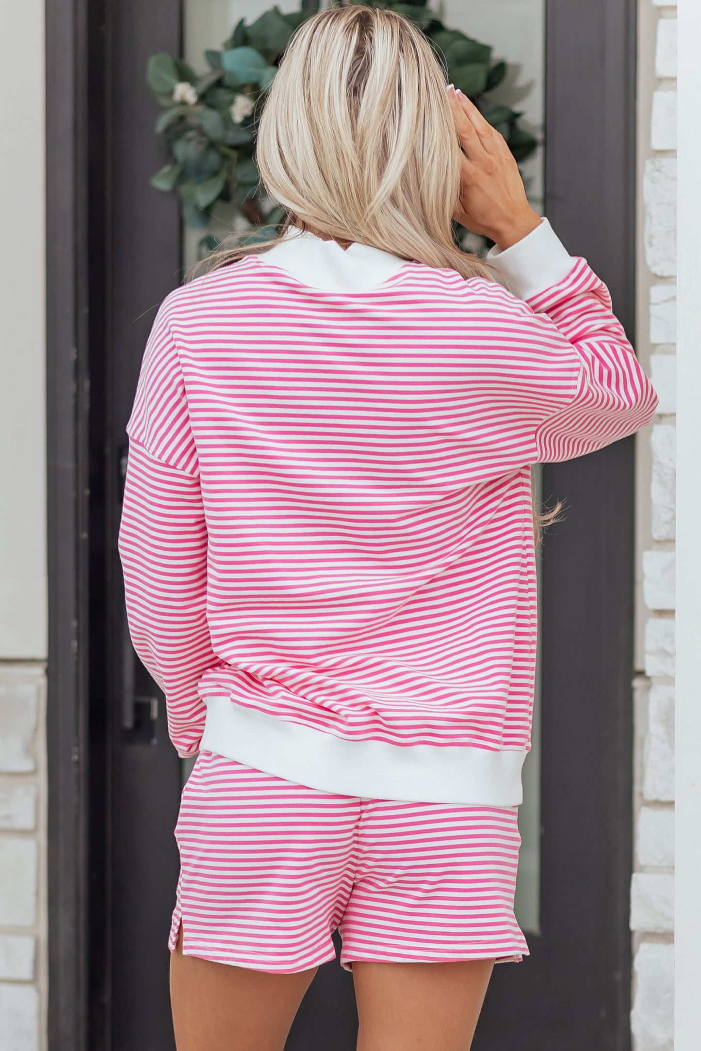 Pink Stripe Oversize Mock Neck Sweatshirt and Shorts Set-Two Piece Sets/Short Sets-[Adult]-[Female]-2022 Online Blue Zone Planet