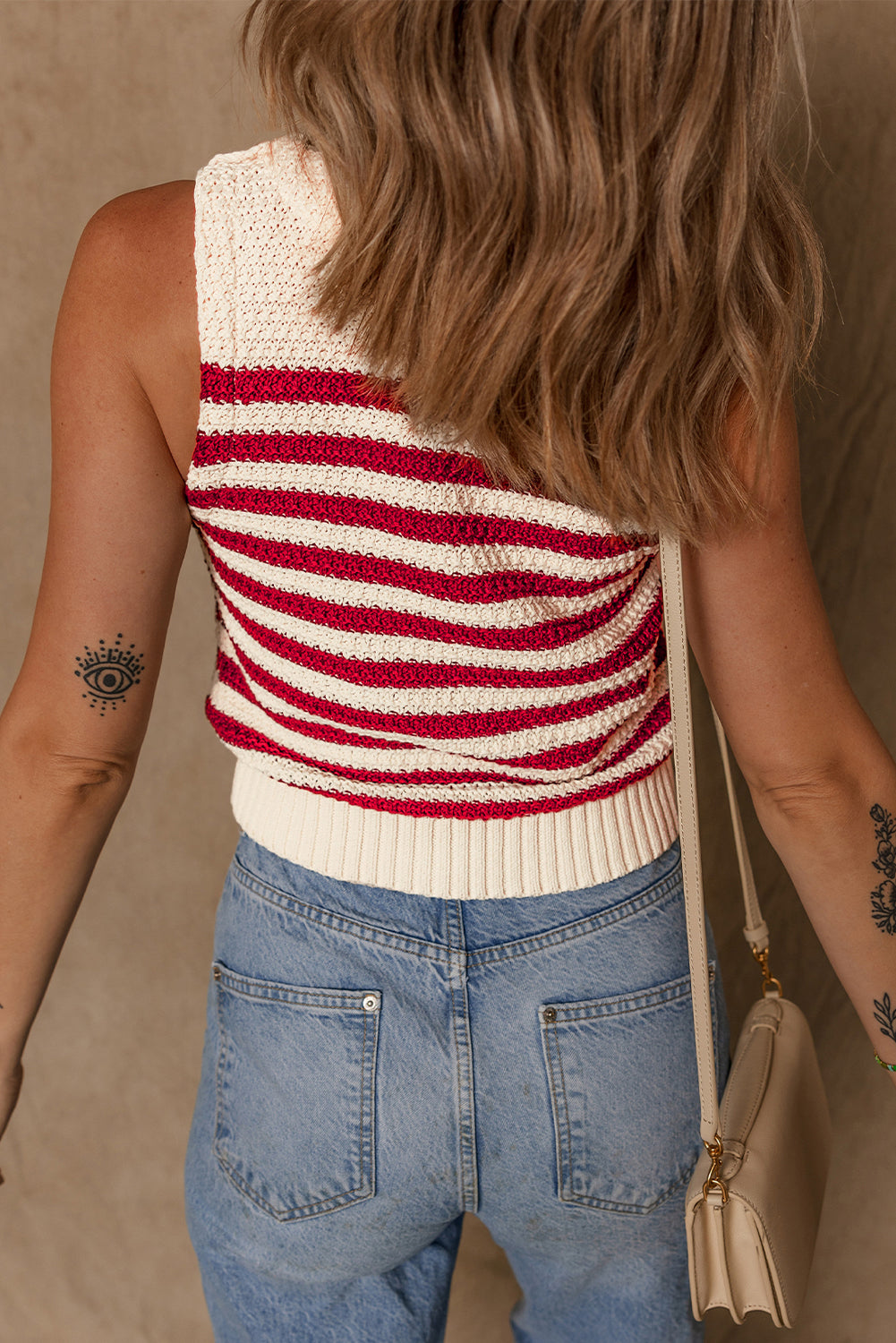 Red Stripe Textured Knit Ribbed Hem Sweater Tank Top-TOPS / DRESSES-[Adult]-[Female]-2022 Online Blue Zone Planet