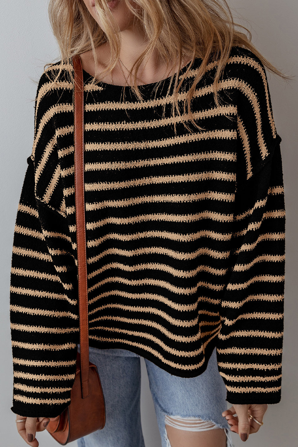 Black Stripe Drop Shoulder Round Neck Loose Sweater-Sweaters & Cardigans/Sweaters-[Adult]-[Female]-2022 Online Blue Zone Planet