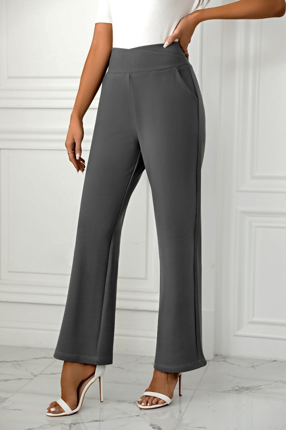 High Waist Straight Leg Pants-BOTTOMS SIZES SMALL MEDIUM LARGE-[Adult]-[Female]-Dark Gray-S-2022 Online Blue Zone Planet