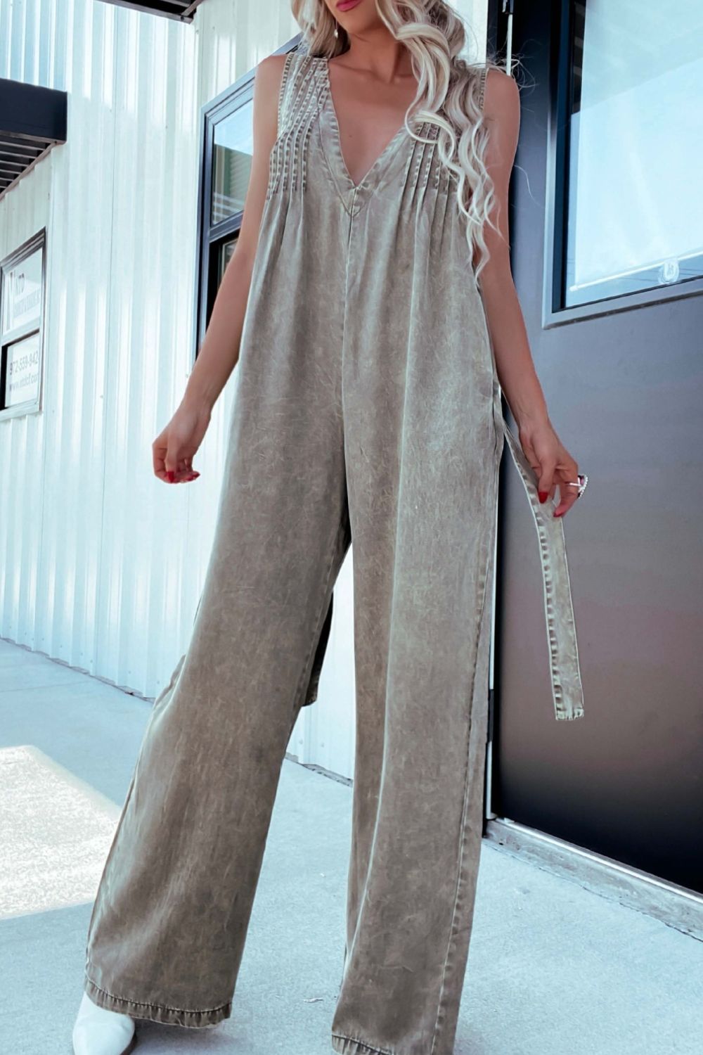 V-Neck Wide Leg Denim Jumpsuit-BOTTOM SIZES SMALL MEDIUM LARGE-[Adult]-[Female]-2022 Online Blue Zone Planet