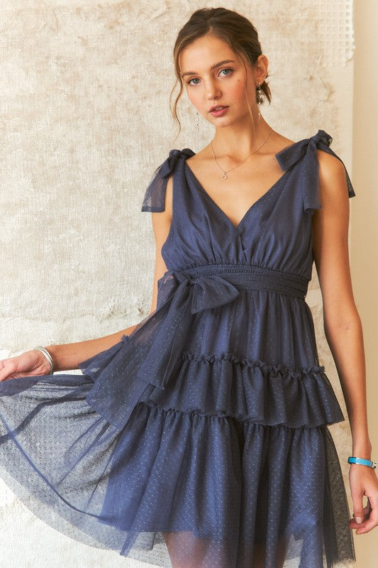 ADORA Tie Shoulder Polka Dot Mesh Dress-TOPS / DRESSES-[Adult]-[Female]-Dark Navy-S-2022 Online Blue Zone Planet