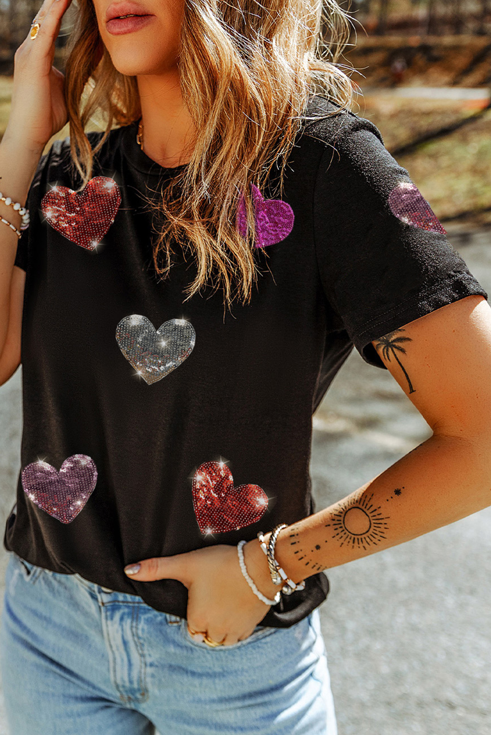 Black Sequin Heart Pattern Crewneck Valentines Tee-Graphic Tees-[Adult]-[Female]-2022 Online Blue Zone Planet