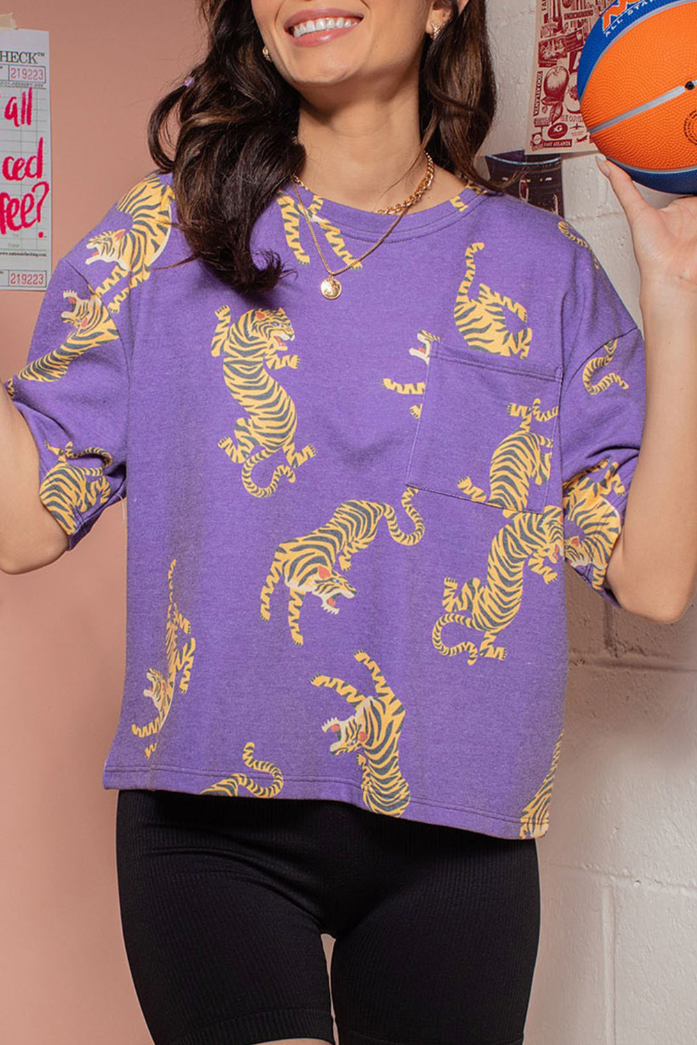 Purple Allover Tiger Printed Patch Pocket Loose T Shirt-Tops/Tops & Tees-[Adult]-[Female]-Purple-S-2022 Online Blue Zone Planet
