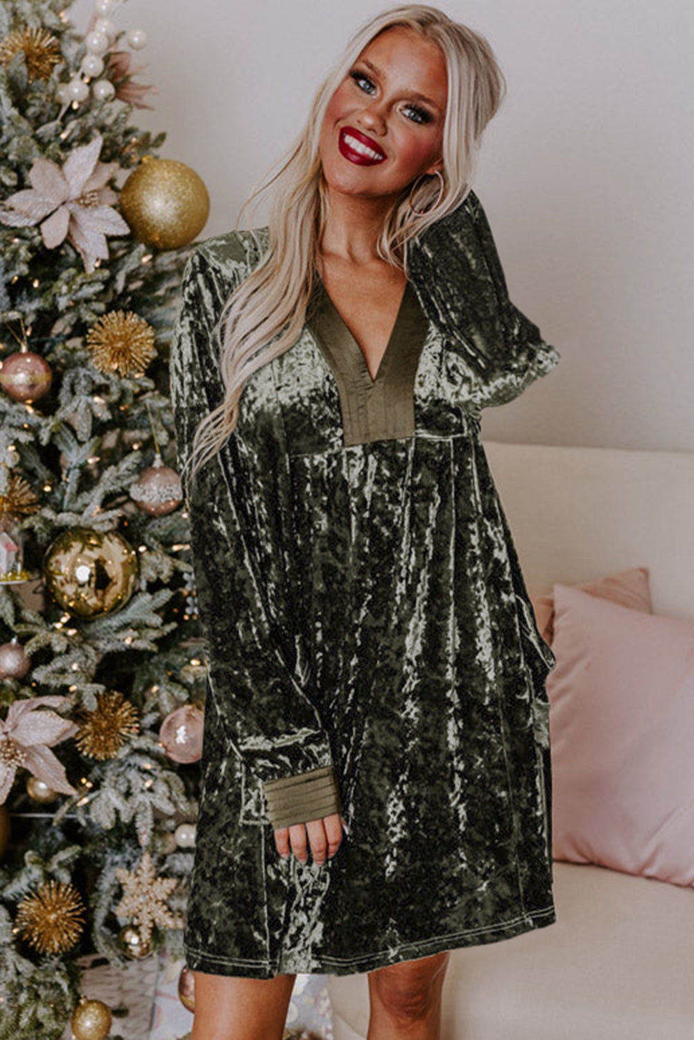 Jungle Green Velvet Long Sleeve V Neck Loose Dress with Pockets-Dresses/Mini Dresses-[Adult]-[Female]-2022 Online Blue Zone Planet