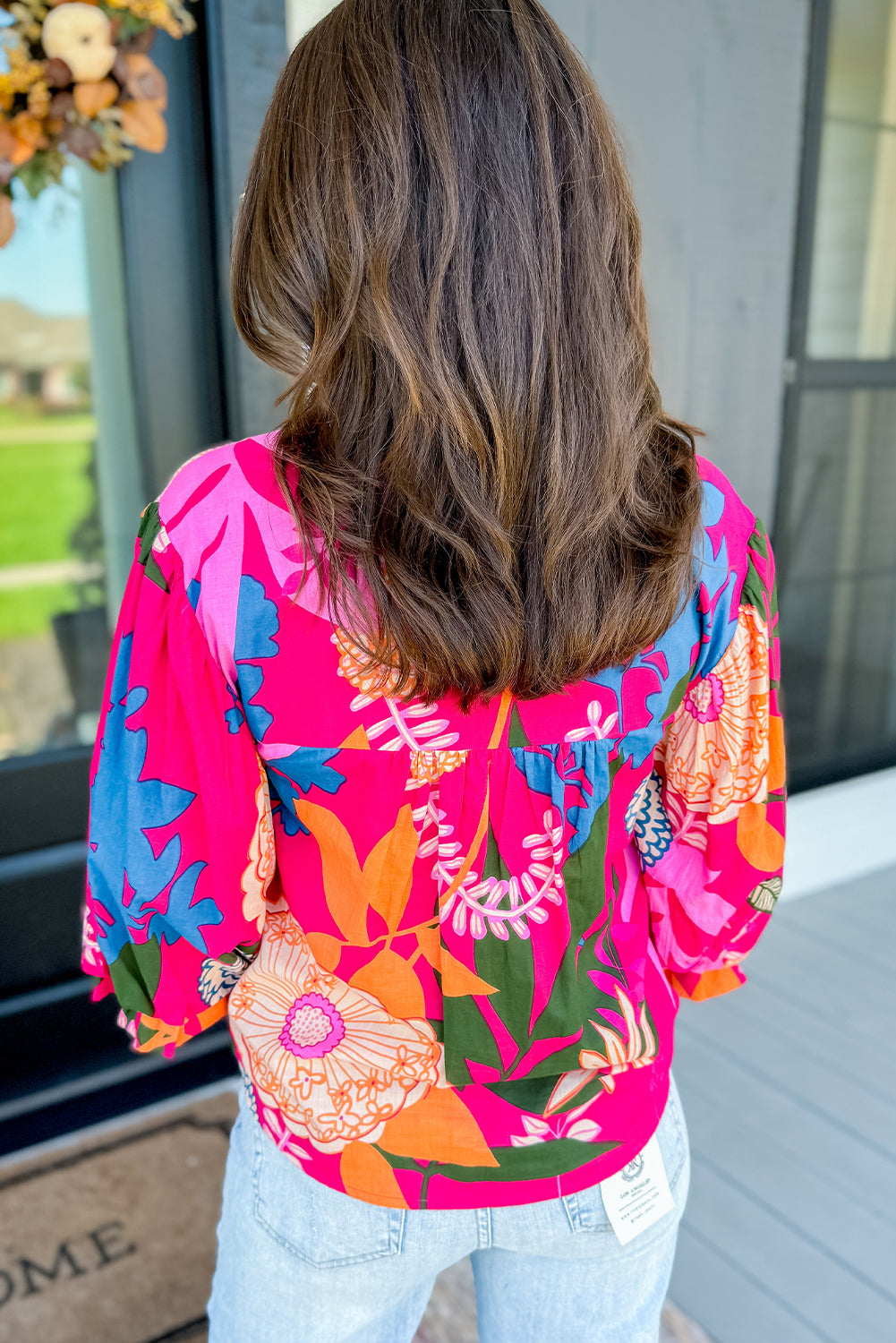 Blue Zone Planet | Rose Blooming Flower Print Ruffled Puff Sleeve Blouse-Tops/Blouses & Shirts-[Adult]-[Female]-2022 Online Blue Zone Planet