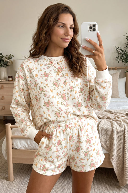 Beige Floral Print Long Sleeve Shift Top Pocketed Shorts 2pcs Set-Two Piece Sets/Short Sets-[Adult]-[Female]-Beige-S-2022 Online Blue Zone Planet