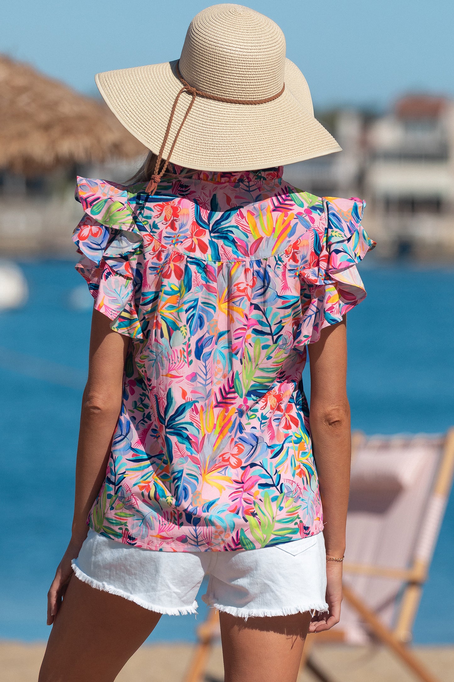 Pink Tropical Floral Print Frilly Notched Neck Ruffled Short Sleeve Blouse-Tops/Blouses & Shirts-[Adult]-[Female]-2022 Online Blue Zone Planet