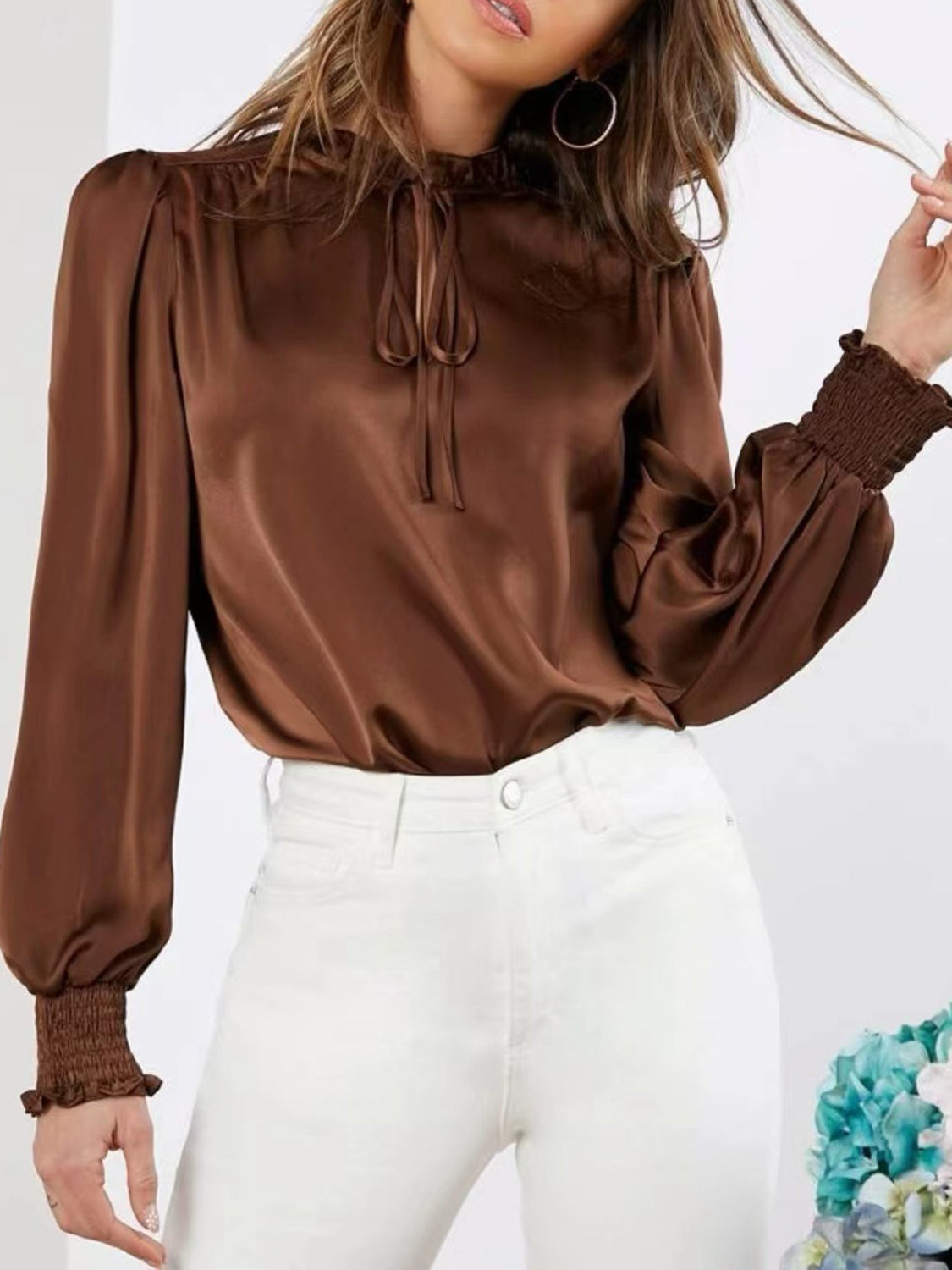 Blue Zone Planet | Frill Tied Lantern Sleeve Blouse-TOPS / DRESSES-[Adult]-[Female]-Brown-S-2022 Online Blue Zone Planet