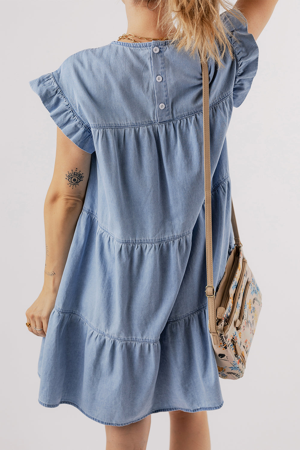 Blue Zone Planet | Beau Blue Ruffle Short Sleeve Tiered A-line Denim Dress-TOPS / DRESSES-[Adult]-[Female]-2022 Online Blue Zone Planet