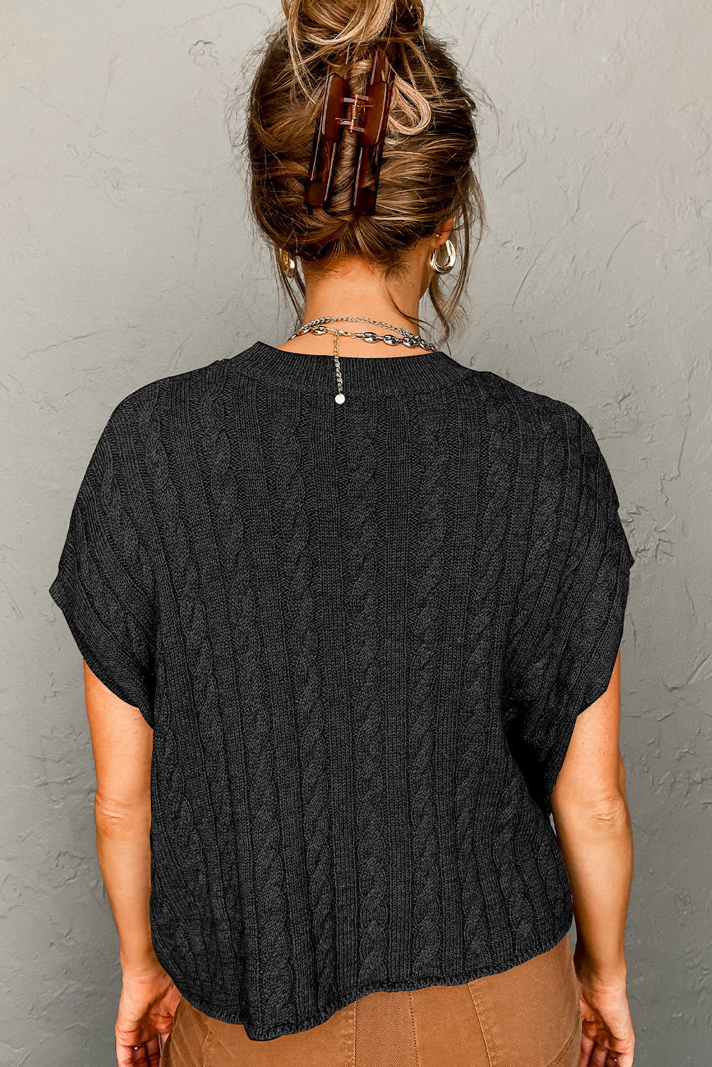 Gray Crew Neck Cable Knit Short Sleeve Sweater-TOPS / DRESSES-[Adult]-[Female]-2022 Online Blue Zone Planet