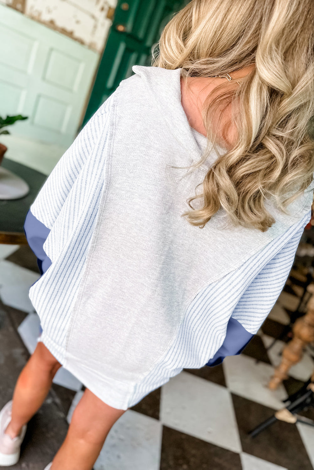 Light Grey Oversized Striped Colorblock Dolman Sleeve Collared Casual Top-Tops/Long Sleeve Tops-[Adult]-[Female]-2022 Online Blue Zone Planet
