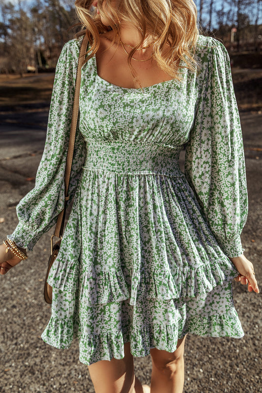 Blue Zone Planet | Green Floral Print Square Neck Shirred Waist Tiered Ruffled Mini Dress-TOPS / DRESSES-[Adult]-[Female]-Green-S-2022 Online Blue Zone Planet